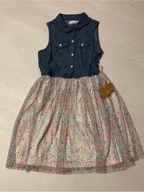 Sleeveless Denim Top with Floral Tulle Skirt Girls 7/8 Dress - Navy & Multicolor